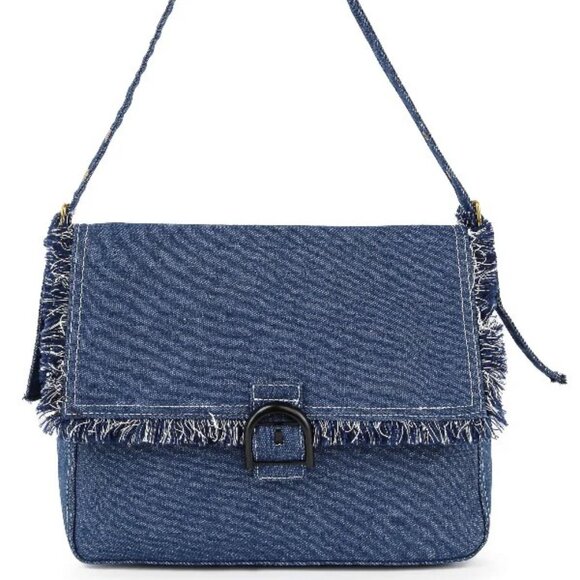 NWT - Distressed Denim Fringe Shoulder Bag – Frayed Flap with Gunmetal Hardware - Picture 1 of 5